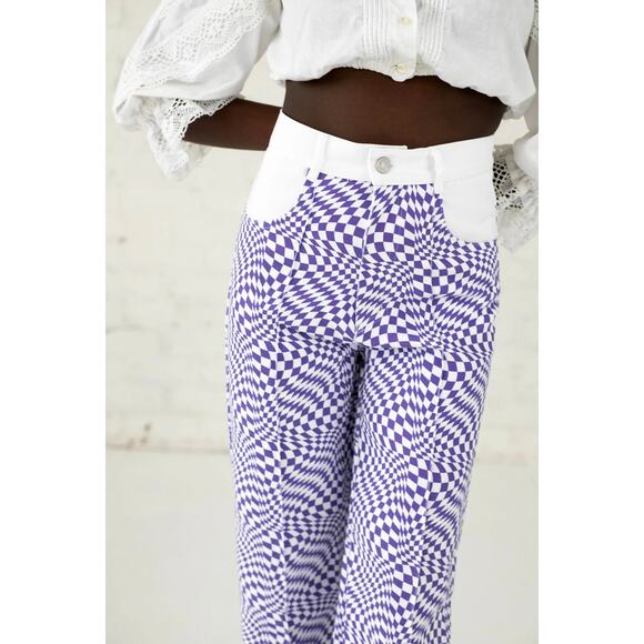 Lisa Says Gah Robyn Checkered Wide Leg Jeans Purple Warp Print Size 29 - Picture 5 of 16